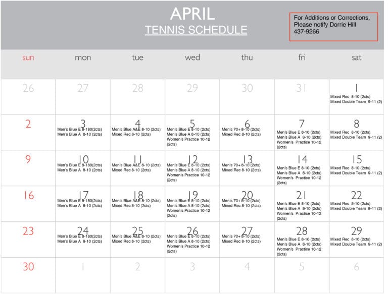 Tennis Schedule Heritage Cove