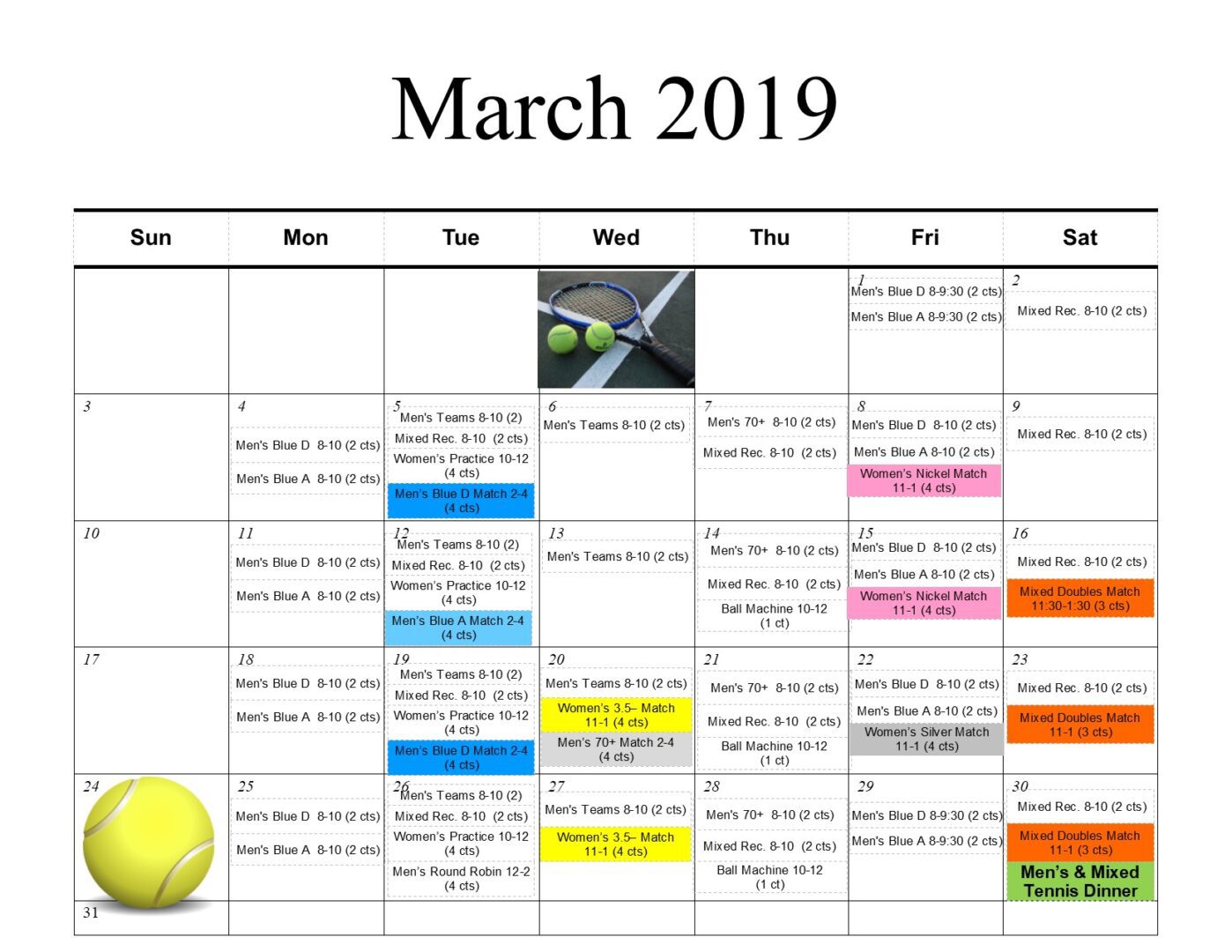 Tennis Calendar March 2019 Heritage Cove