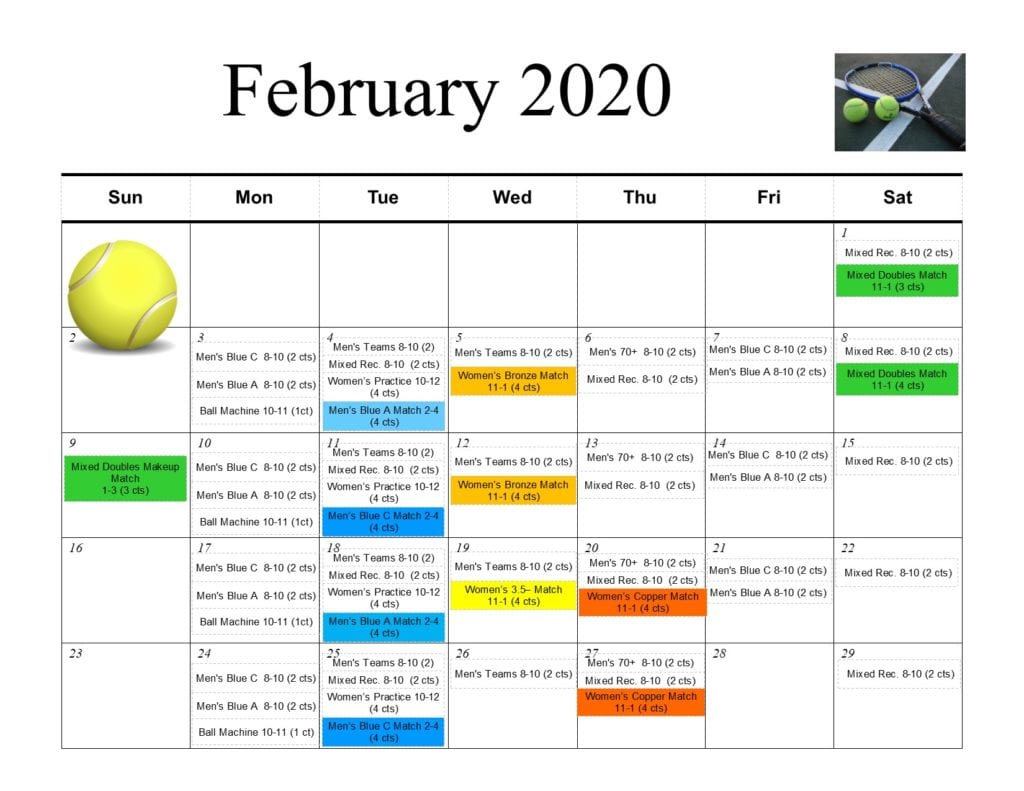 Tennis Calendar February 2020 - Heritage Cove