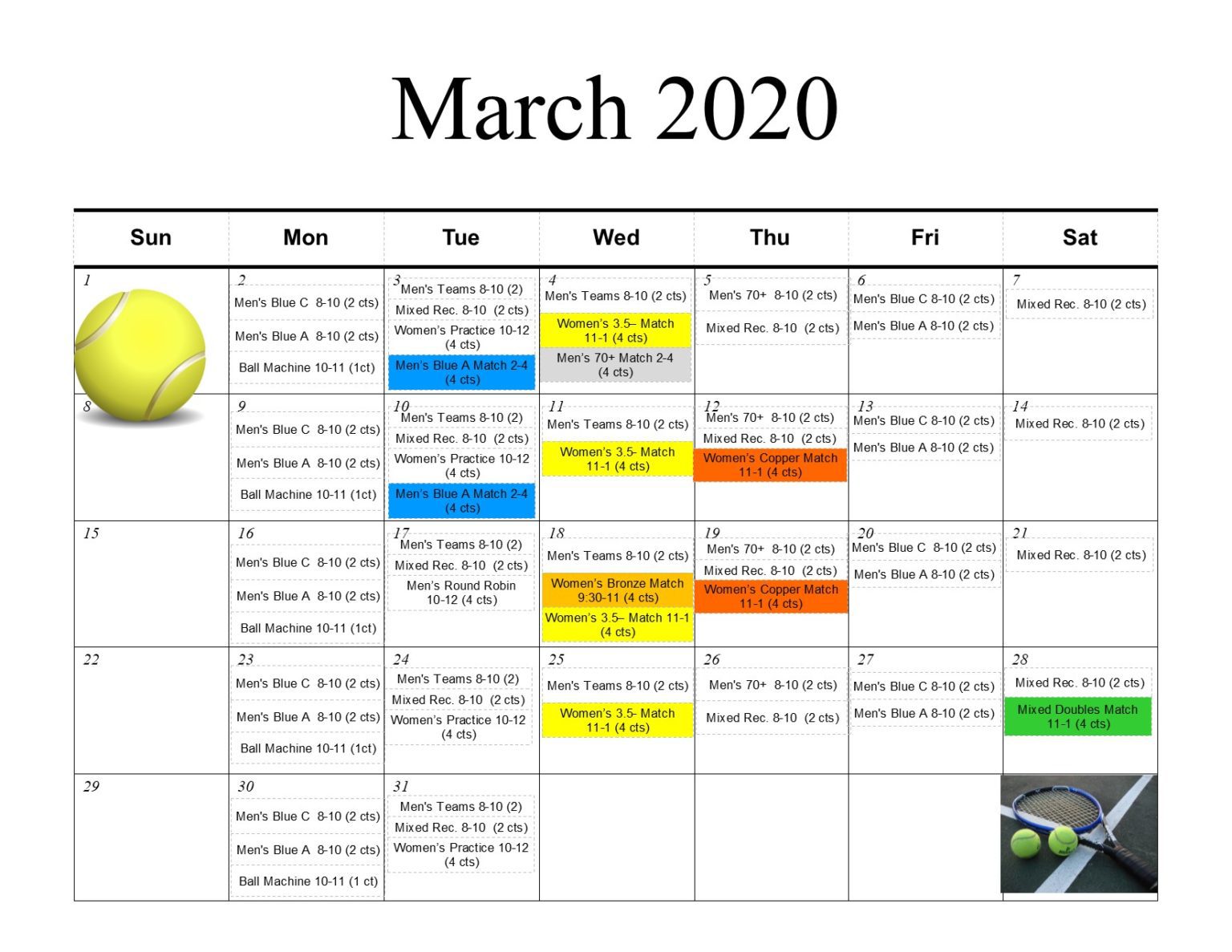 Tennis Calendar March 2020 - Heritage Cove