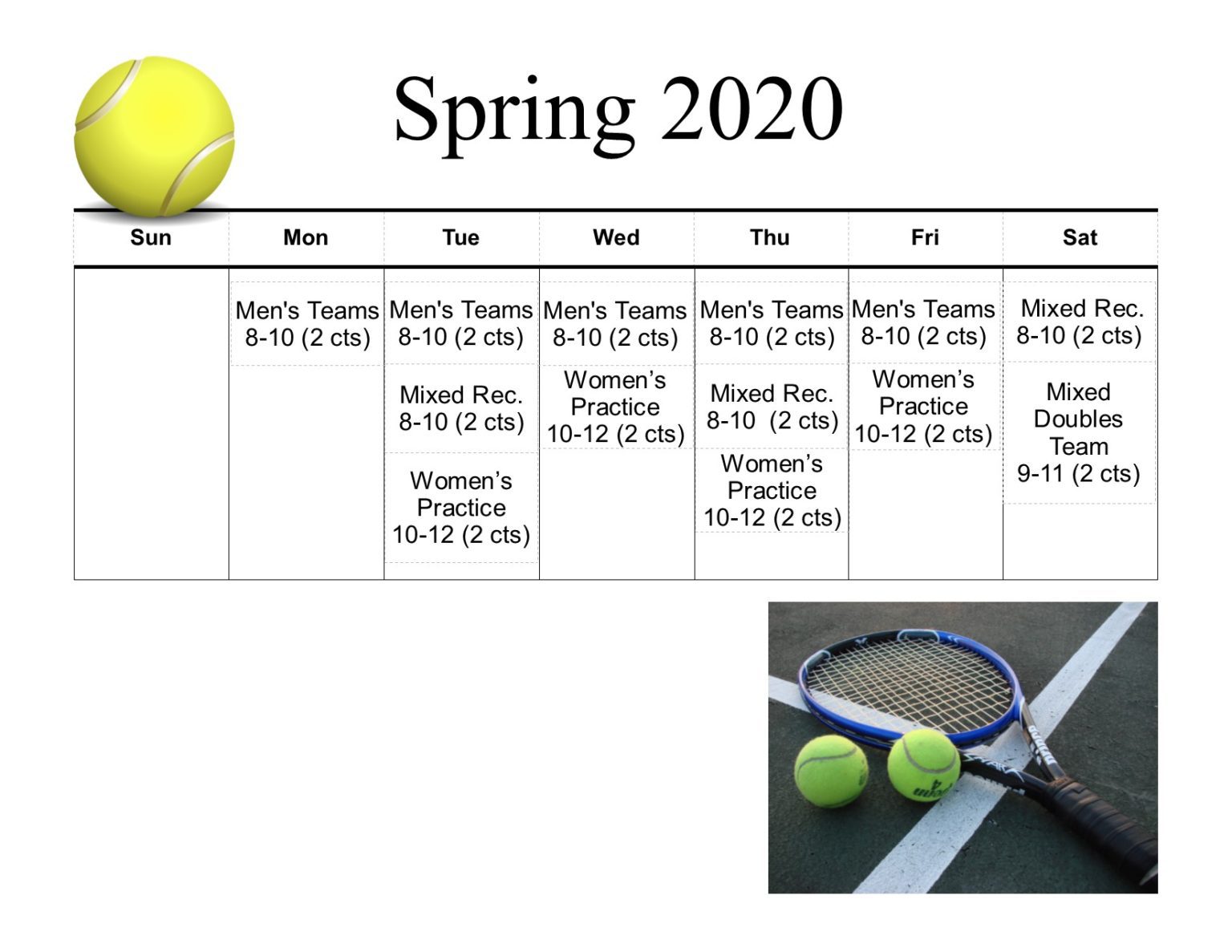Tennis Calendar Spring 2020 - Heritage Cove