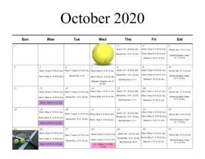 October 2020 tennis calendar with court times.