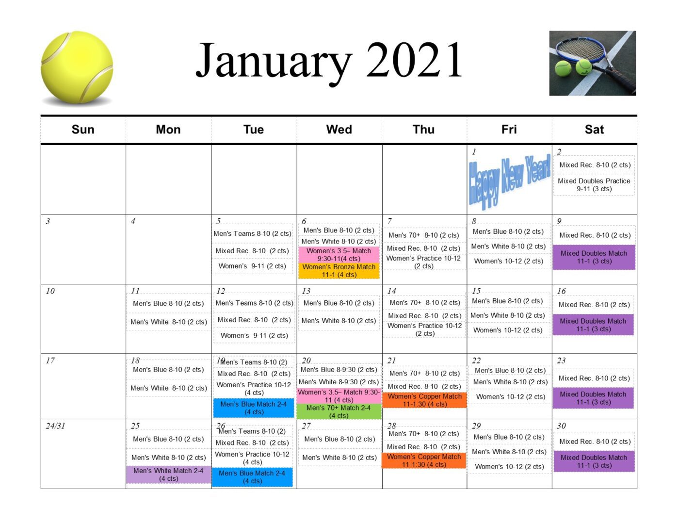 Tennis Calendar January 2021 - Heritage Cove
