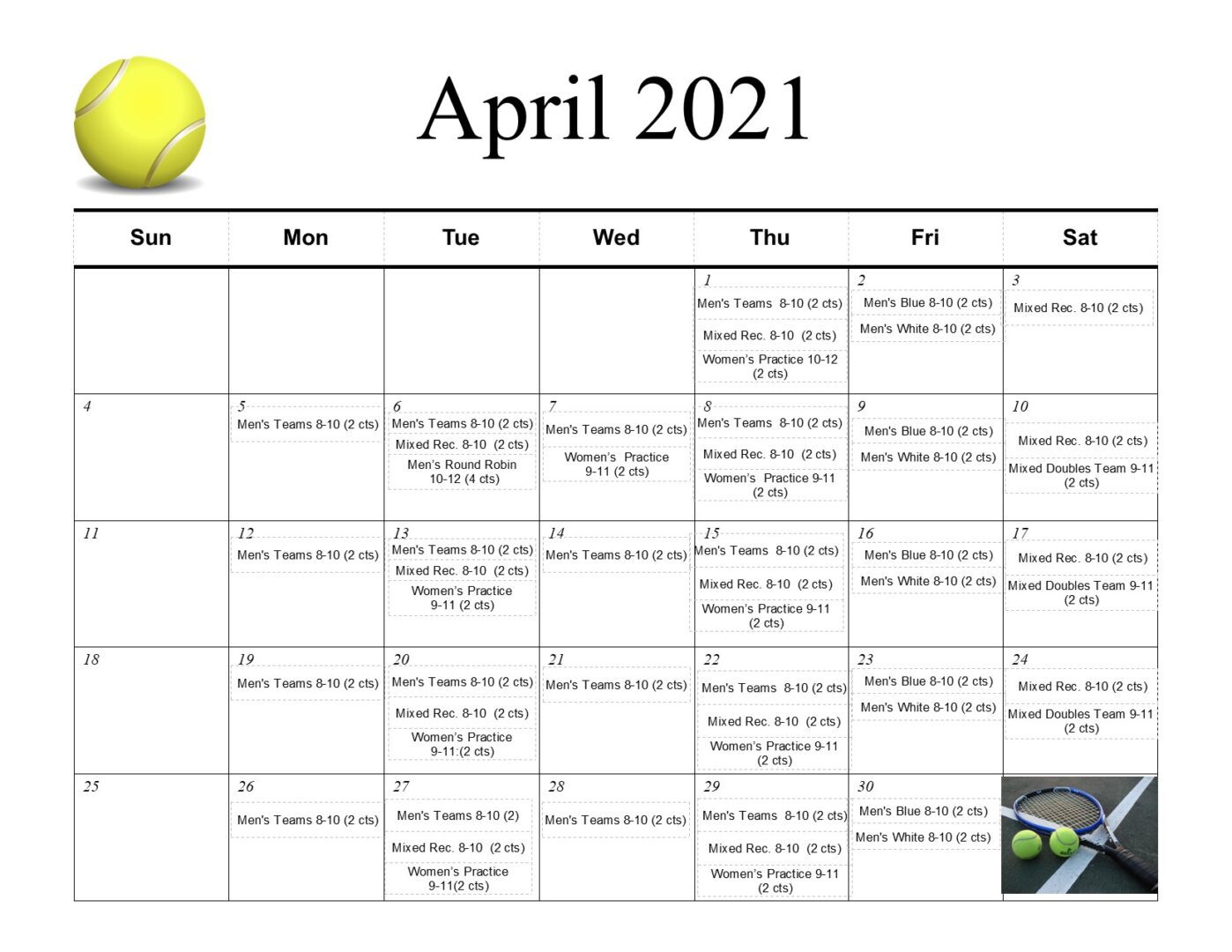 Tennis Calendar April 2021 - Heritage Cove
