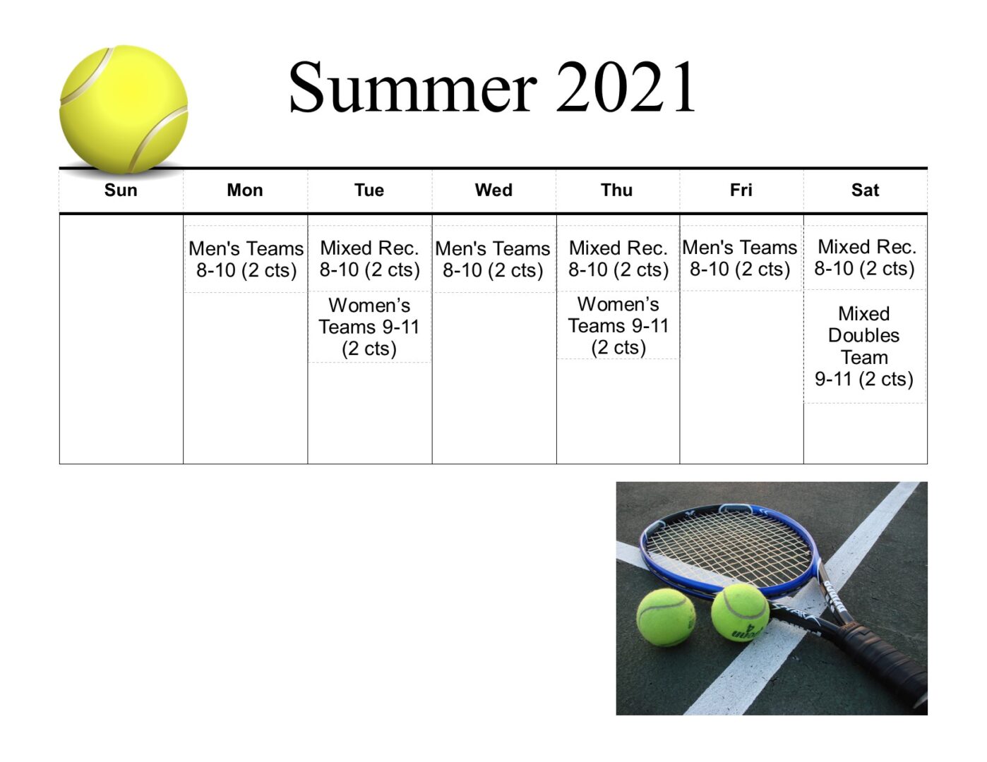 Tennis Calendar Summer 2021 Heritage Cove