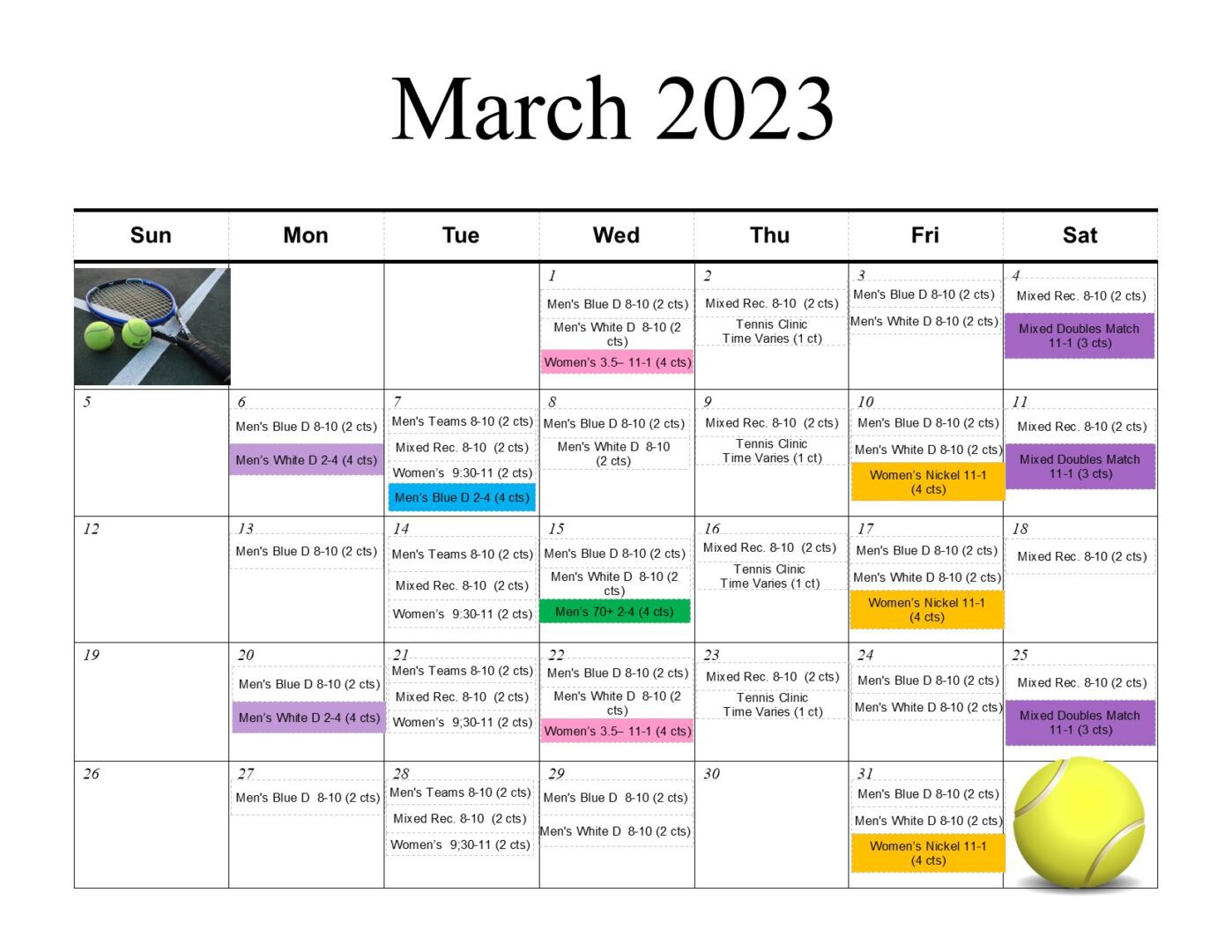 Tennis Calendar March 2023 Heritage Cove