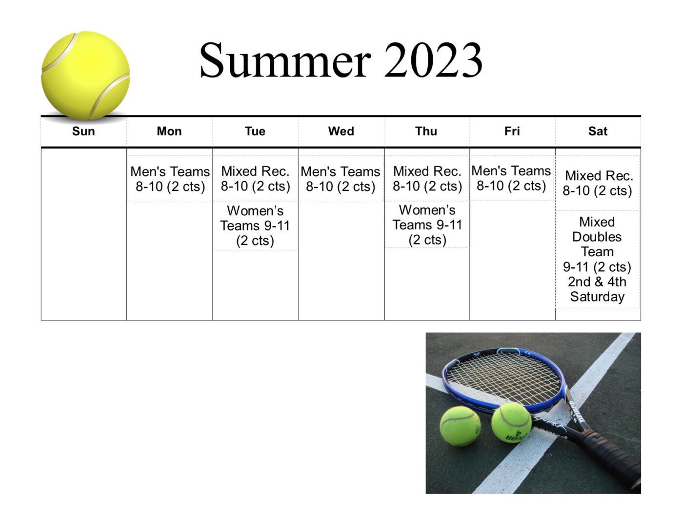 Tennis Calendar Summer 2023 Heritage Cove